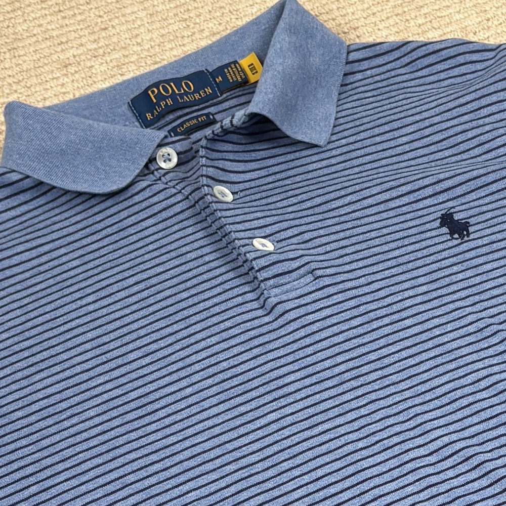 Polo Ralph Lauren Polo Shirt Mens M Blue Striped Classic Fit Preppy Nautical - Picture 11 of 13